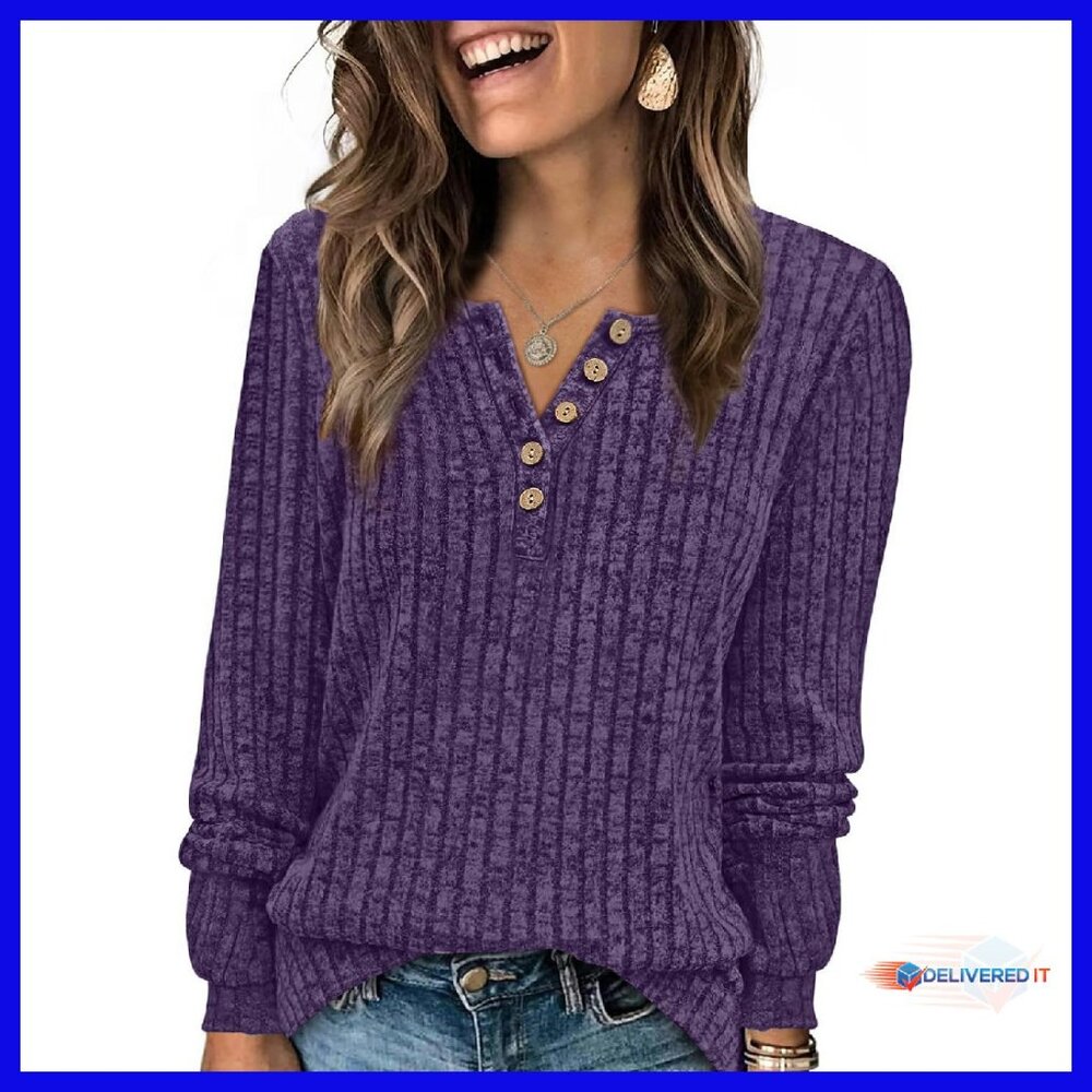 Long Sleeve Button Front Tunic Sweater Women's Crewneck Lightweight Top